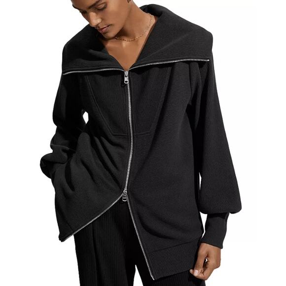 Varley Ells Jacket Ribbed Ottoman Long Balloon Sleeve Oversized Sweatshirt Black - Picture 2 of 16